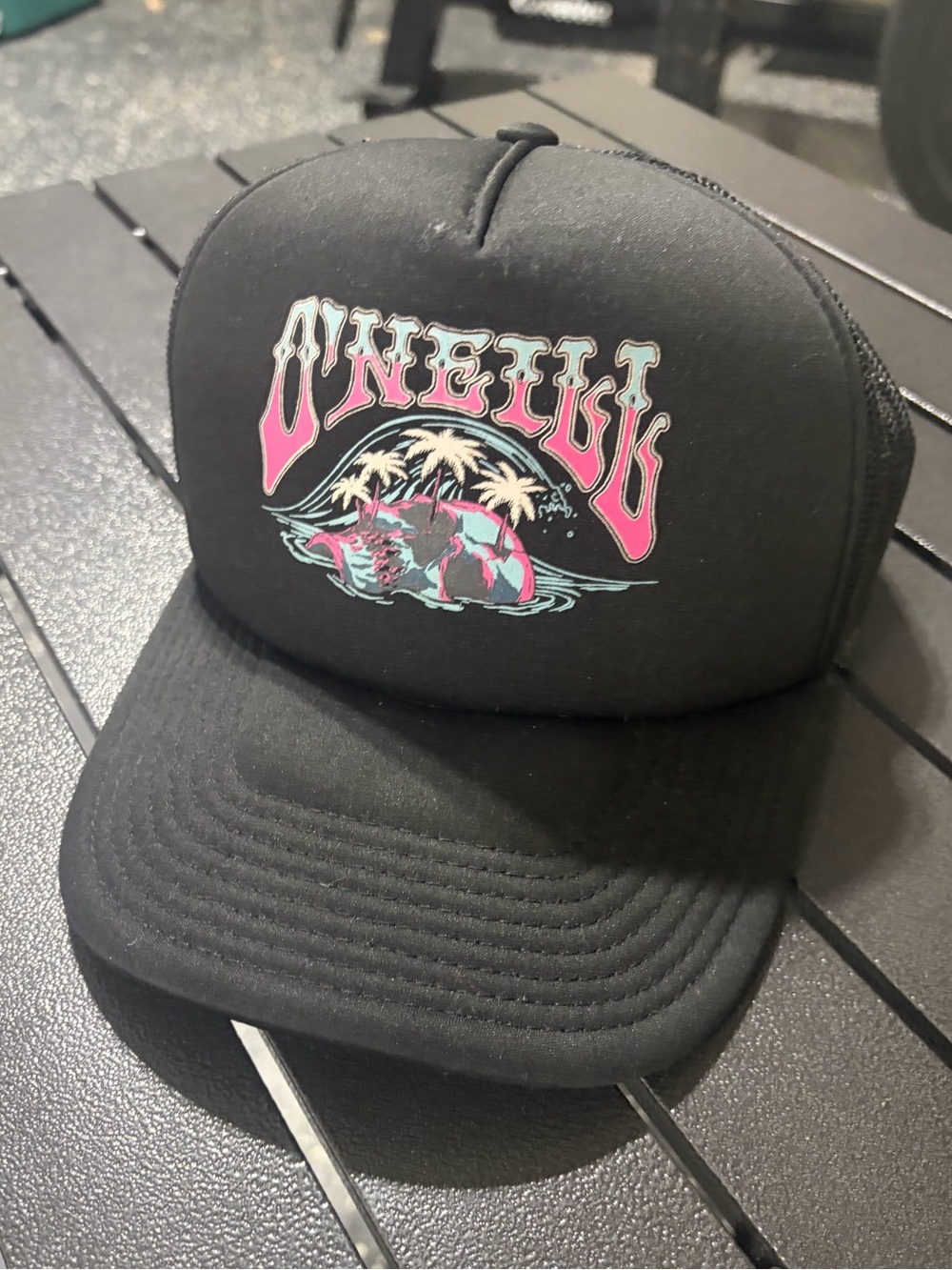 O'Neill Black Cap with Pink and Teal Surf Graphic